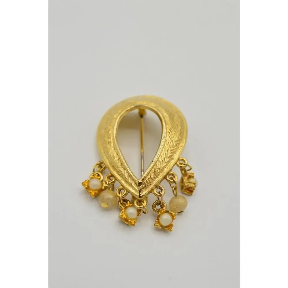 HAR Vintage Pin Brooch Pearl Dangle Gold Teardrop Mid Century 50s Signed FLAW 9B